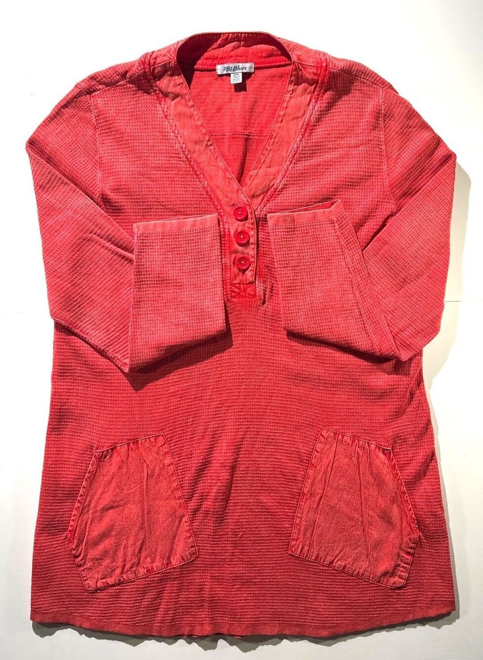 PBJ Blues Red Long Sleeve Button V-Neck Tunic Top With Pockets 100% Cotton M